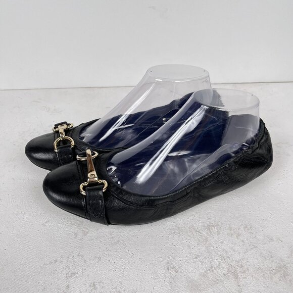 BURBERRY Black Leather Ballet Flats 8.5 Shoes Gold Buckle EU 39 - Picture 1 of 9